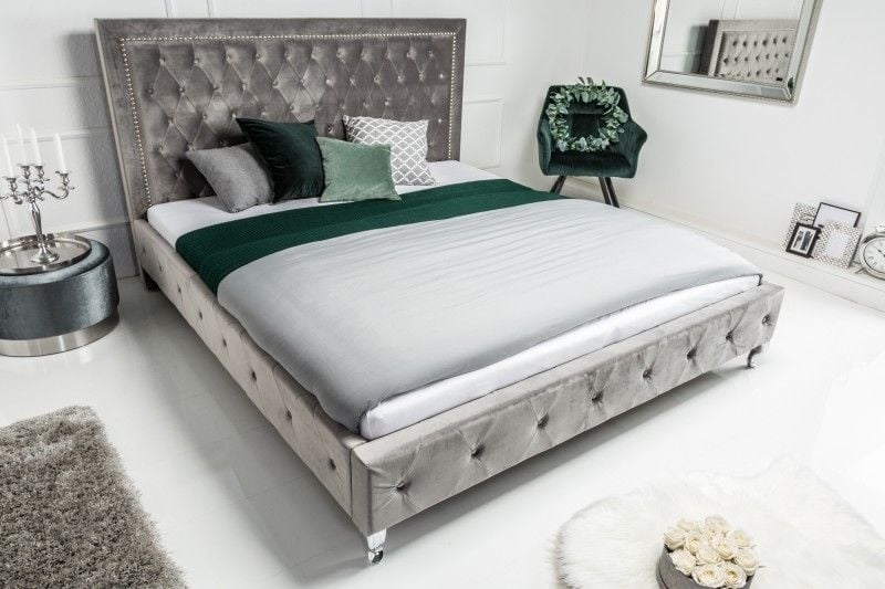 Chesterfield tweepersoonsbed EXTRAVAGANCIA 180x200cm zilvergrijze fluwelen klinknagels - 38968