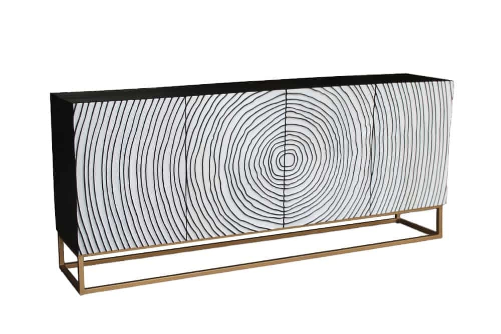Massief dressoir ZEN CIRCLES 180cm wit zwart goud mangohout 3D design - 44578